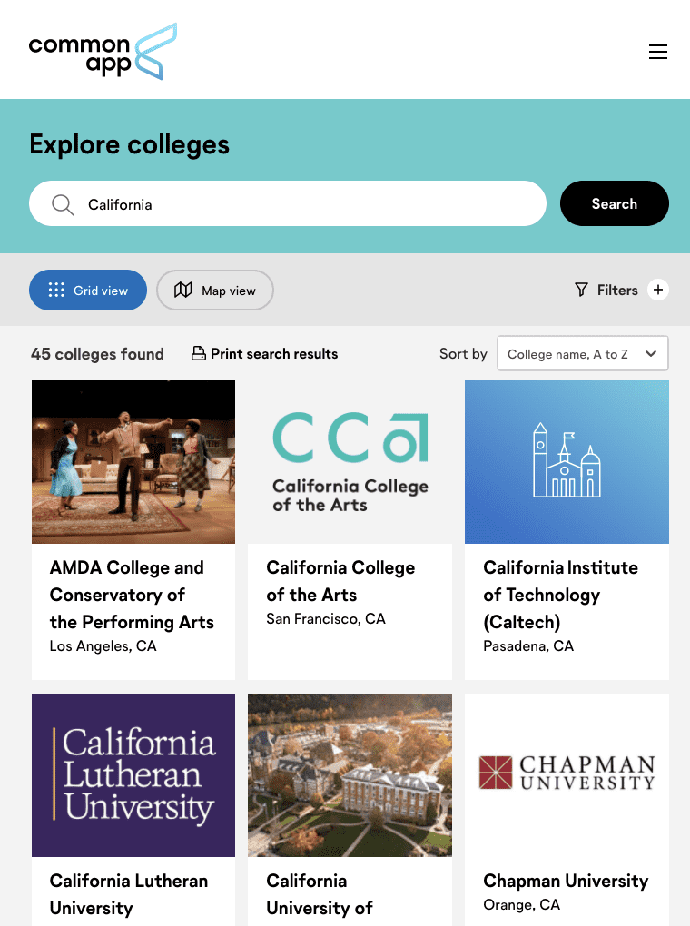Screenshot of the Common App explore colleges page.  